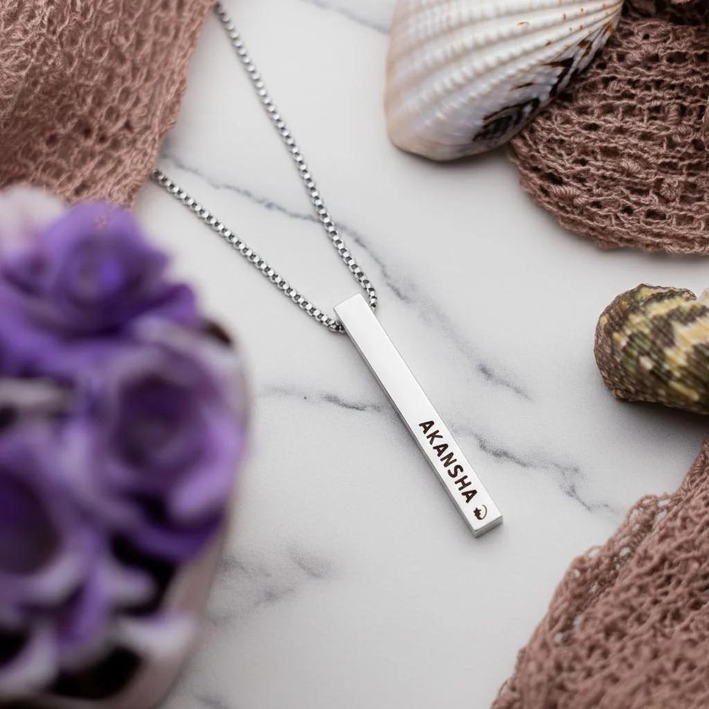 MH Decors Silver Cuboid Necklace – Personalized with Name Engraving