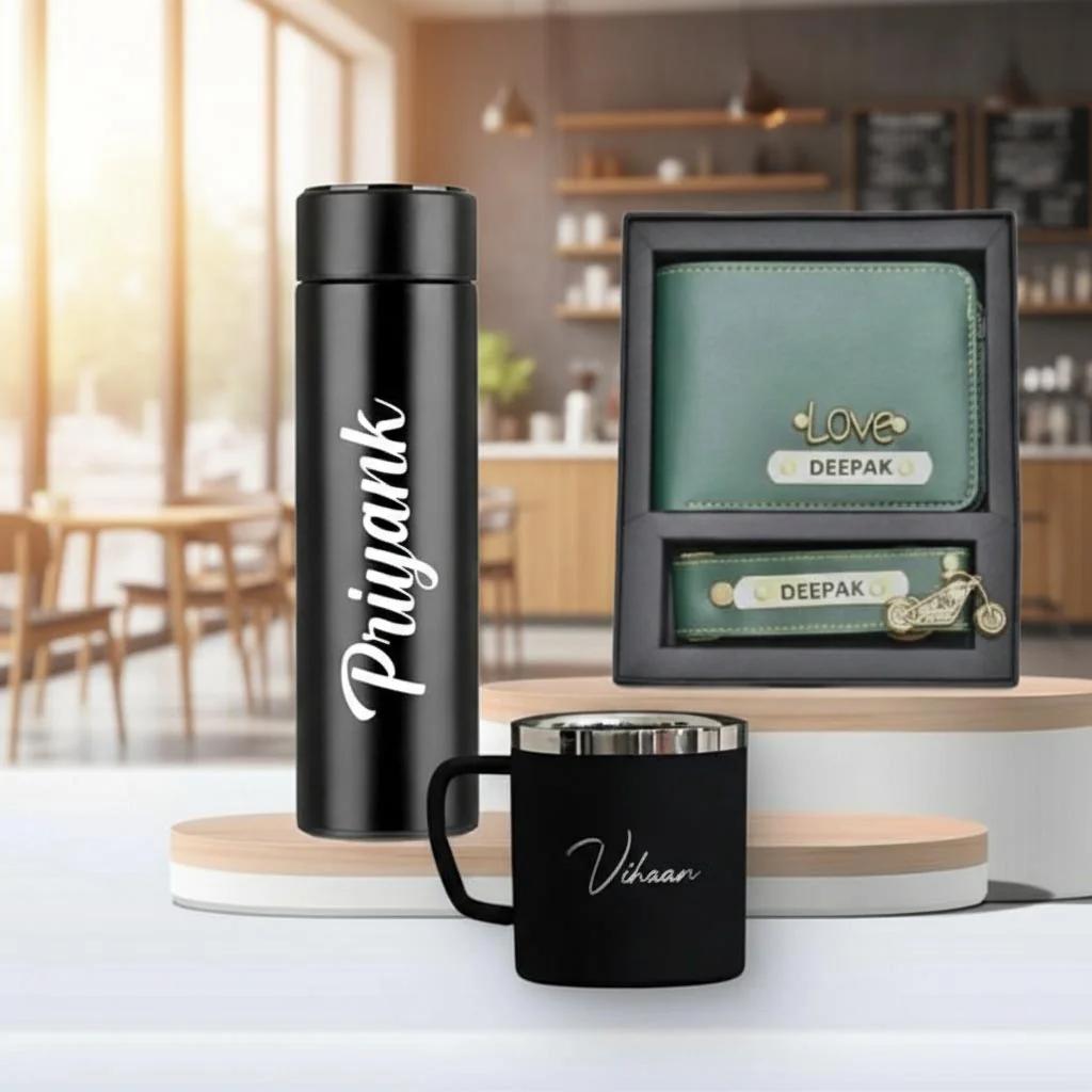 Zpics Leather Wallet Keychain with Smart Bottle Mug