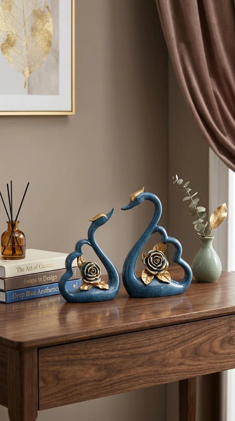 Value Gifts Elegant Swan Pair Blue and Gold Figurine for Living Room Decor