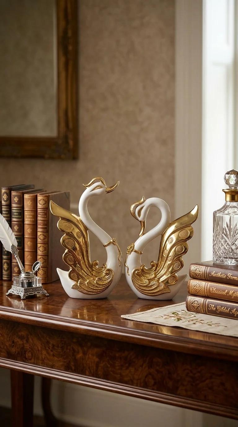 MH Decors Elegant Swan Pair Feather Figurines for Home and Tabletop Decoration