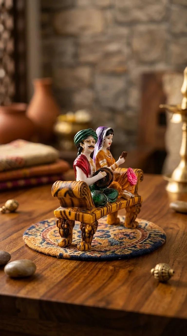 MH Decors Elegant Rajasthani Musical Couple Sitting on Cot Figurine for Home Decor