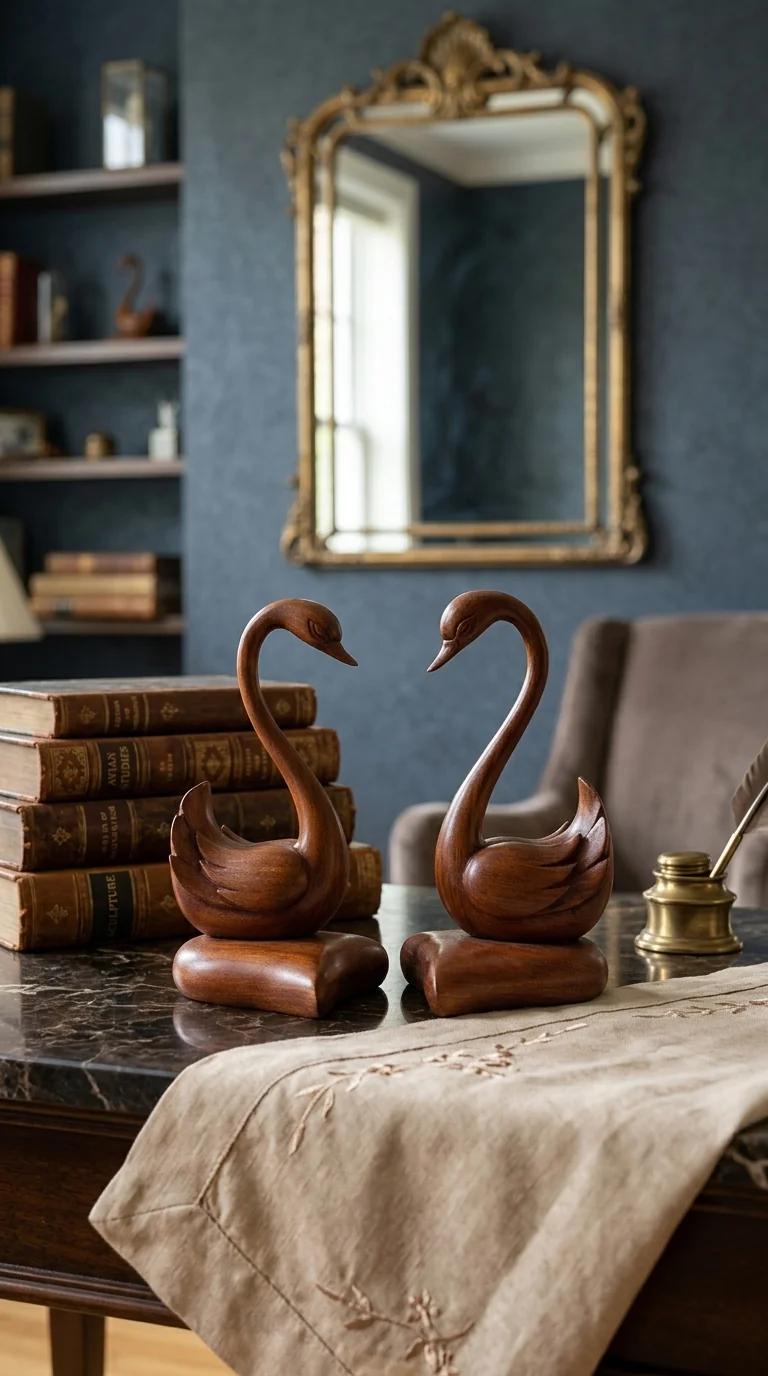 MH Decors Elegant Wooden Swan Pair Showpiece for Tabletop and Living Room Decor