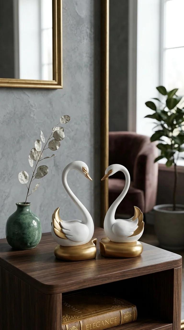 MH Decors Elegant White and Gold Swan Pair Figurine for Home and Office Decoration
