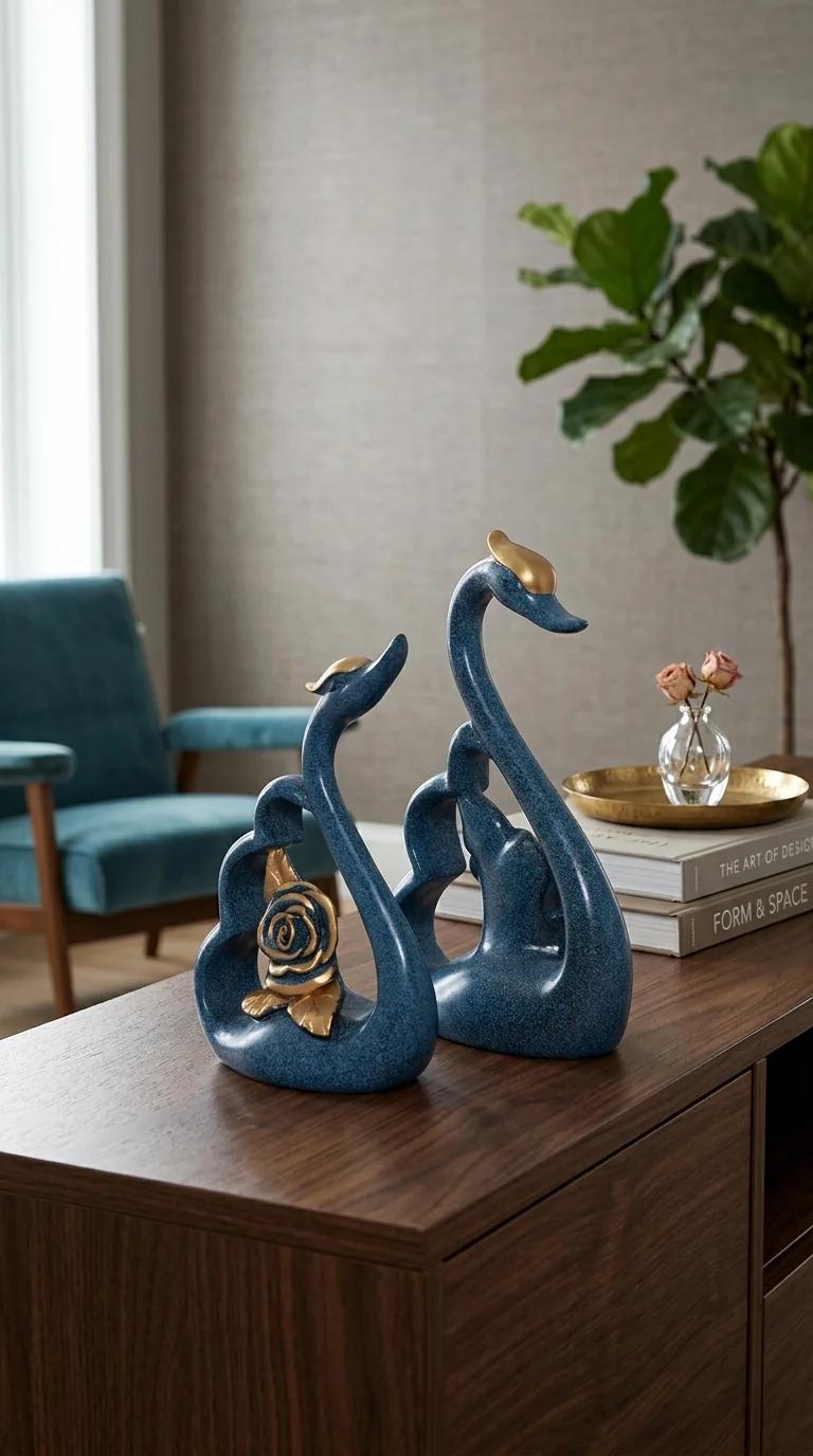 MH Decors Elegant Blue and Gold Swan Pair Figurine for Home and Office Decoration