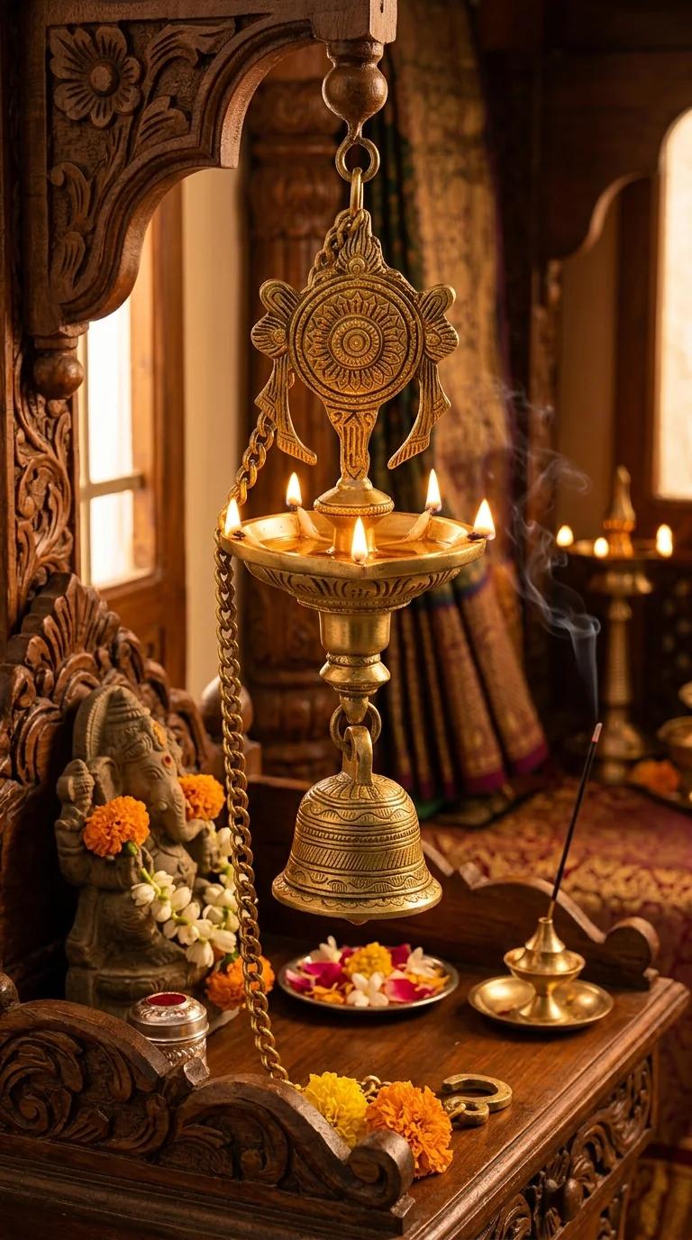 MH Decors Brass Shanku Chakra Hanging Diya with Bells for Temple and Pooja Room