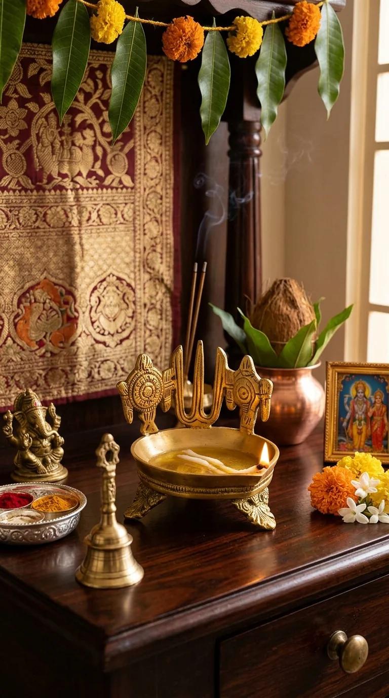 MH Decors Handcrafted Brass Shanku Chakra Namam Oil Lamp for Pooja Room