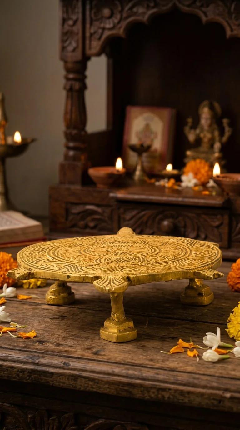 MH Decors Handcrafted Brass Turtle Chowki for Spiritual Home Decor and Pooja