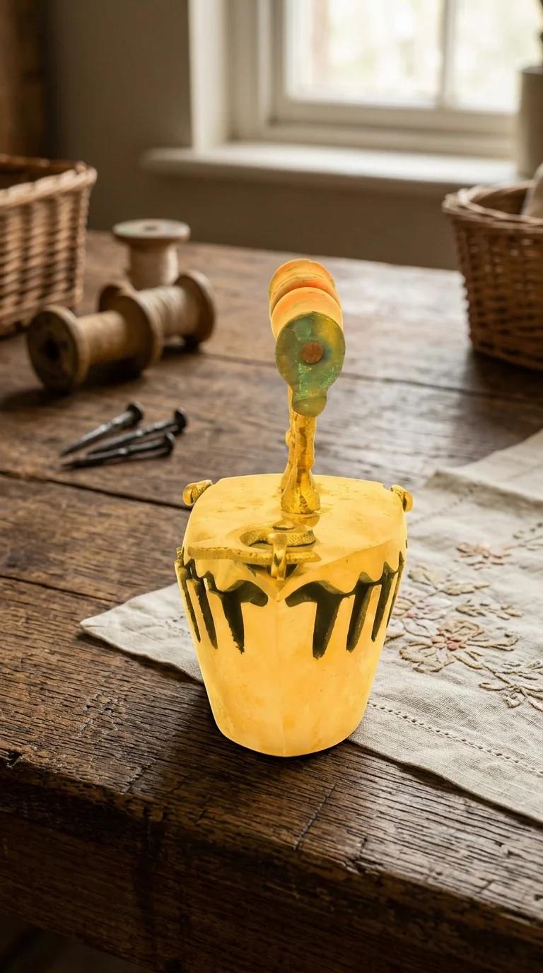 MH Decors Brass Charcoal Iron Press Toy with Wooden Handle for Home Table Decoration