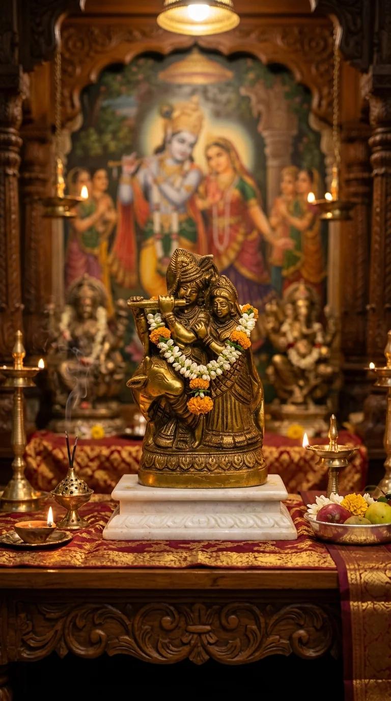 Value Gifts Brass Radha Krishna Cow Idol for Pooja and Home Decoration