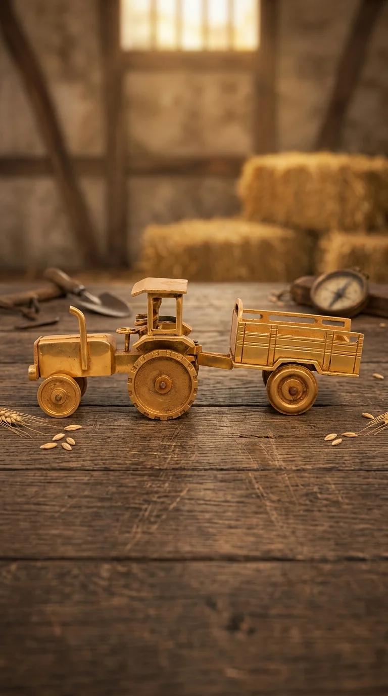 Value Gifts Traditional Brass Classic Tractor Figurine with Carrier for Home and Office