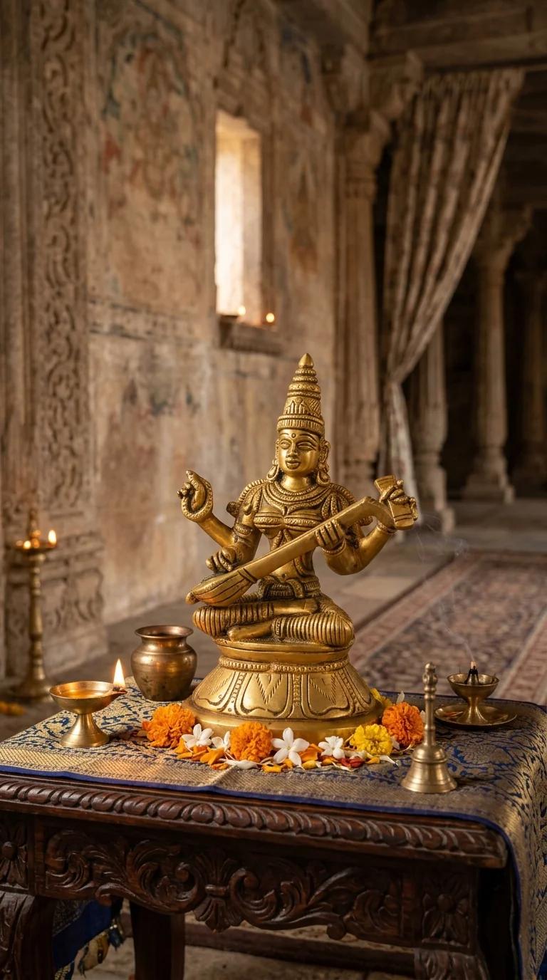 Value Gifts Handcrafted Brass Goddess Saraswati Figurine for Pooja Room and Desk