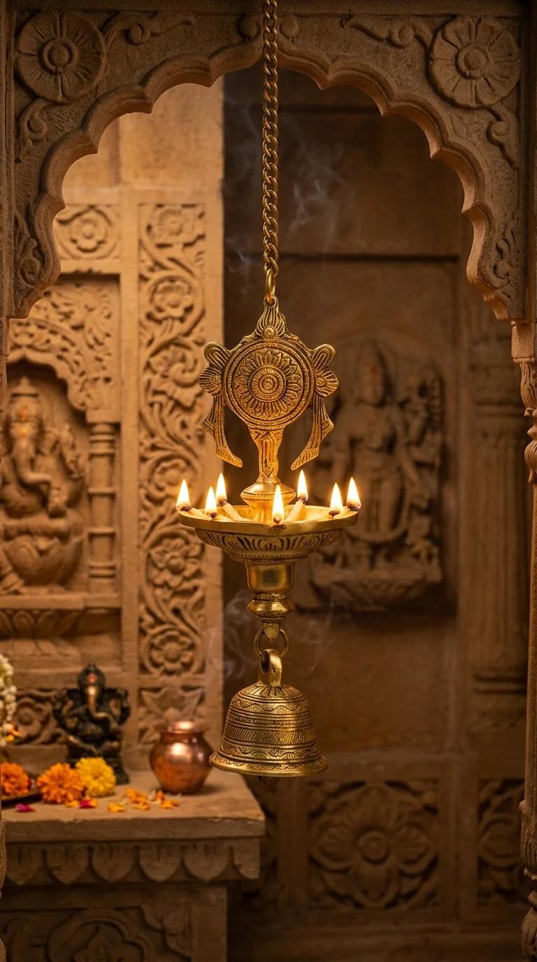 Value Gifts Brass Shanku Chakra Hanging Diya with Bells for Living Room and Pooja