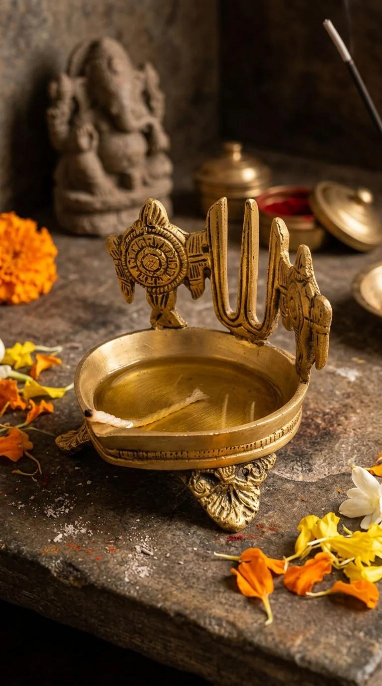 Value Gifts Traditional Brass Shanku Chakra Namam Diya for Home, Temple, and Office Decor