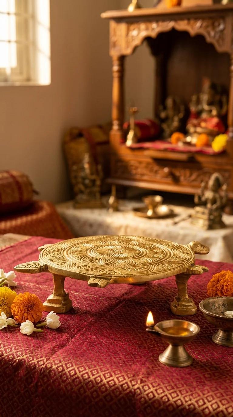 Value Gifts Traditional Brass Carved Turtle Chowki for Spiritual Home Decoration