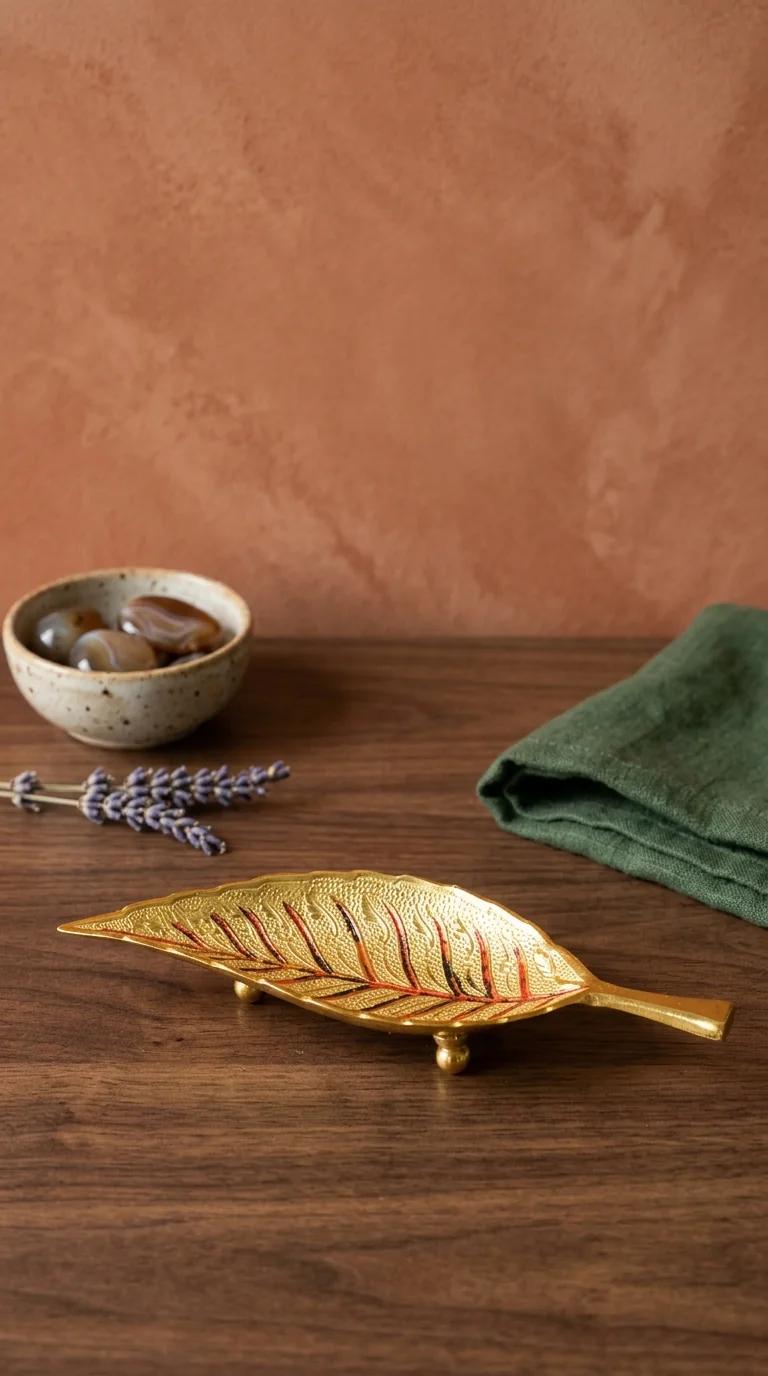 Value Gifts Traditional Brass Leaf Shaped Tray for Serving and Decorative Display