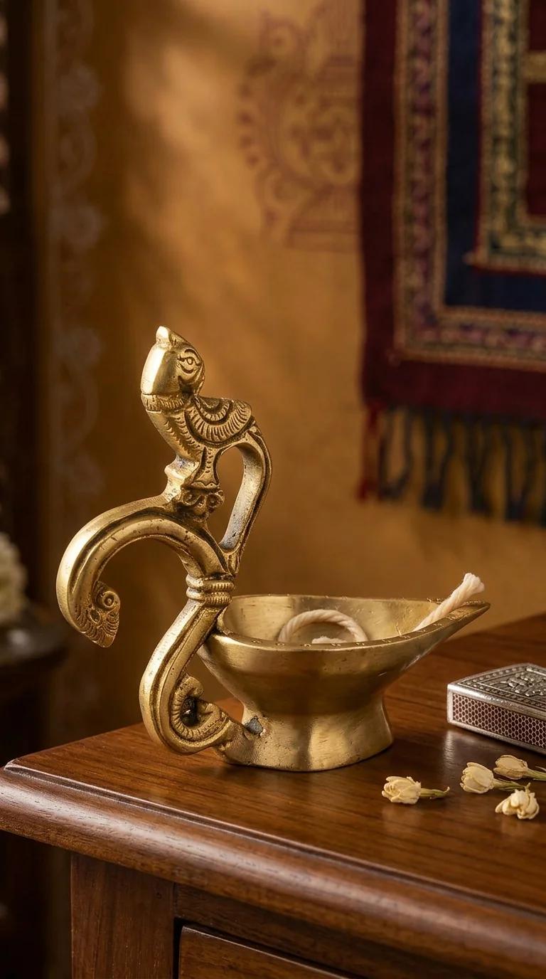 MH Decors Elegant Brass Peacock Handle Oil Lamp for Home Pooja and Temple Decor