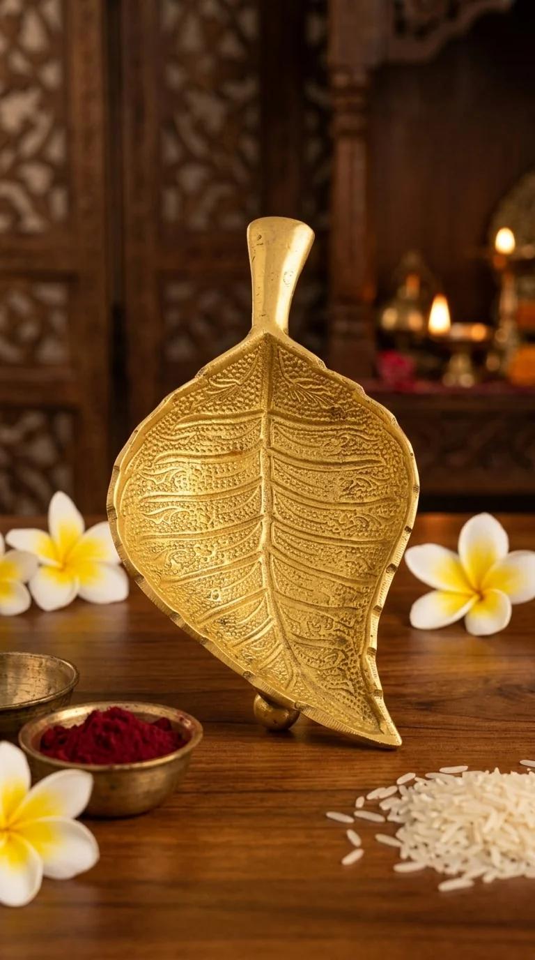 MH Decors Decorative Brass Gold Leaf Tray for Living Room and Temple Display
