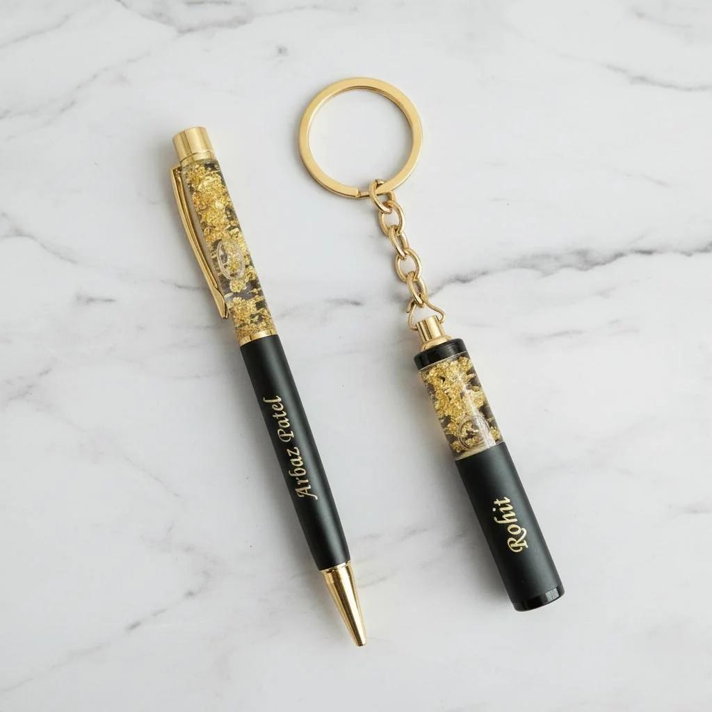 Zpics Gold Flake Pen and Keychain Combo Gift Set