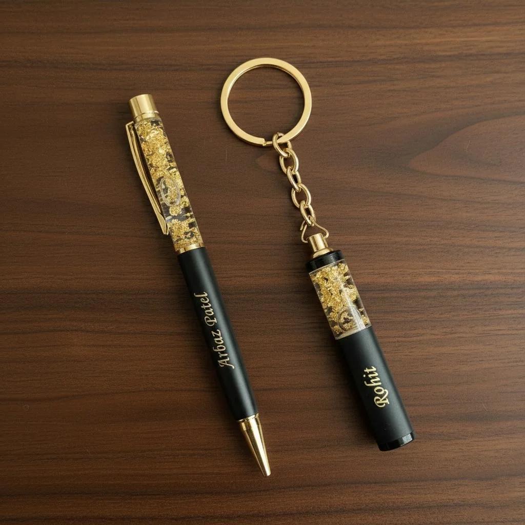MH Decors Luxury Personalized Gift Set – Gold Flake Pen & Keychain