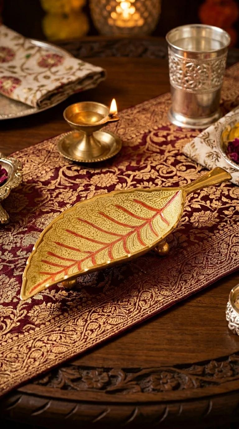 Value Gifts Traditional Brass Leaf Shaped Tray for Serving and Decorative Display