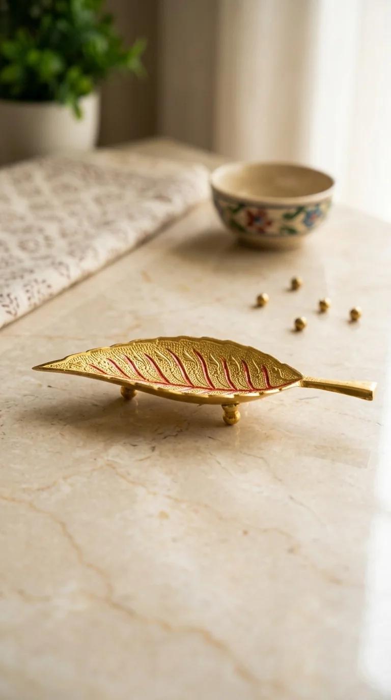 MH Decors Decorative Brass Leaf Shaped Tray for Gifting and Tabletop Display