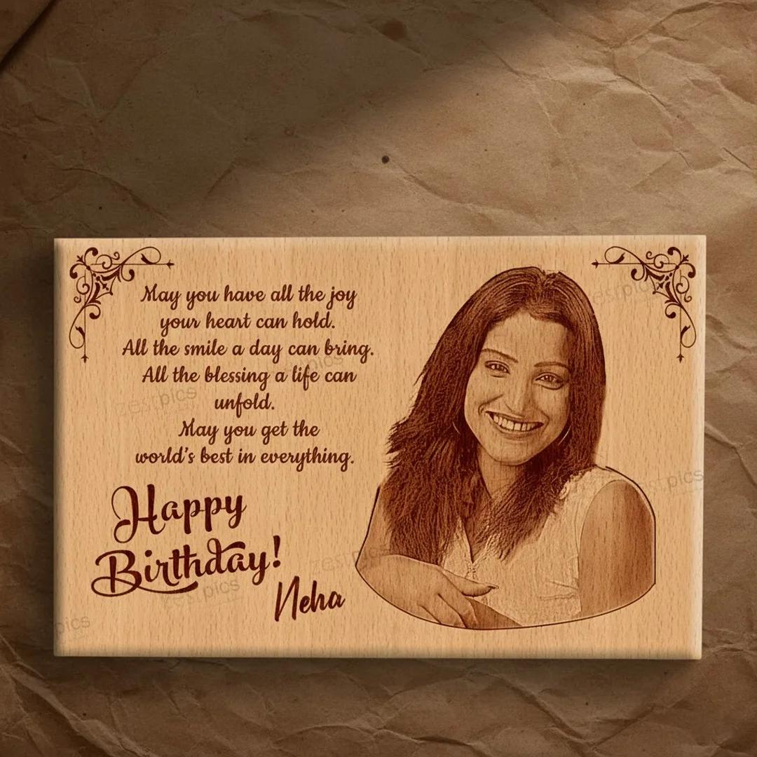 Zpics Personalised Engraved Wooden Photo Plaque for Birthday