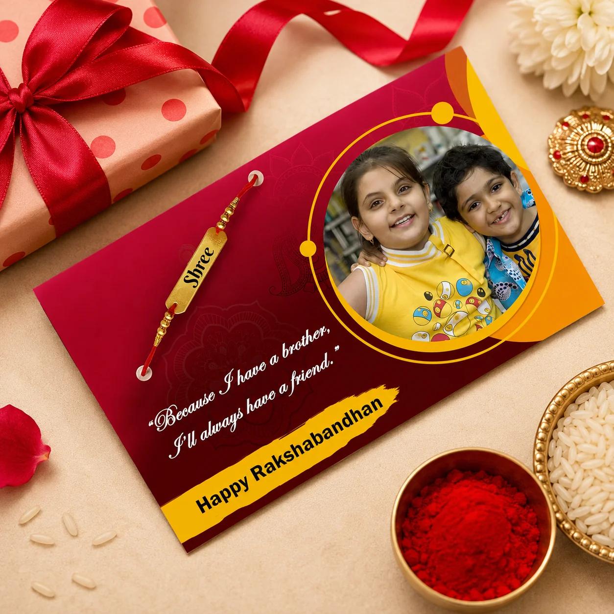 Personalized Name Leather Rakhi with Greeting Card for Brother