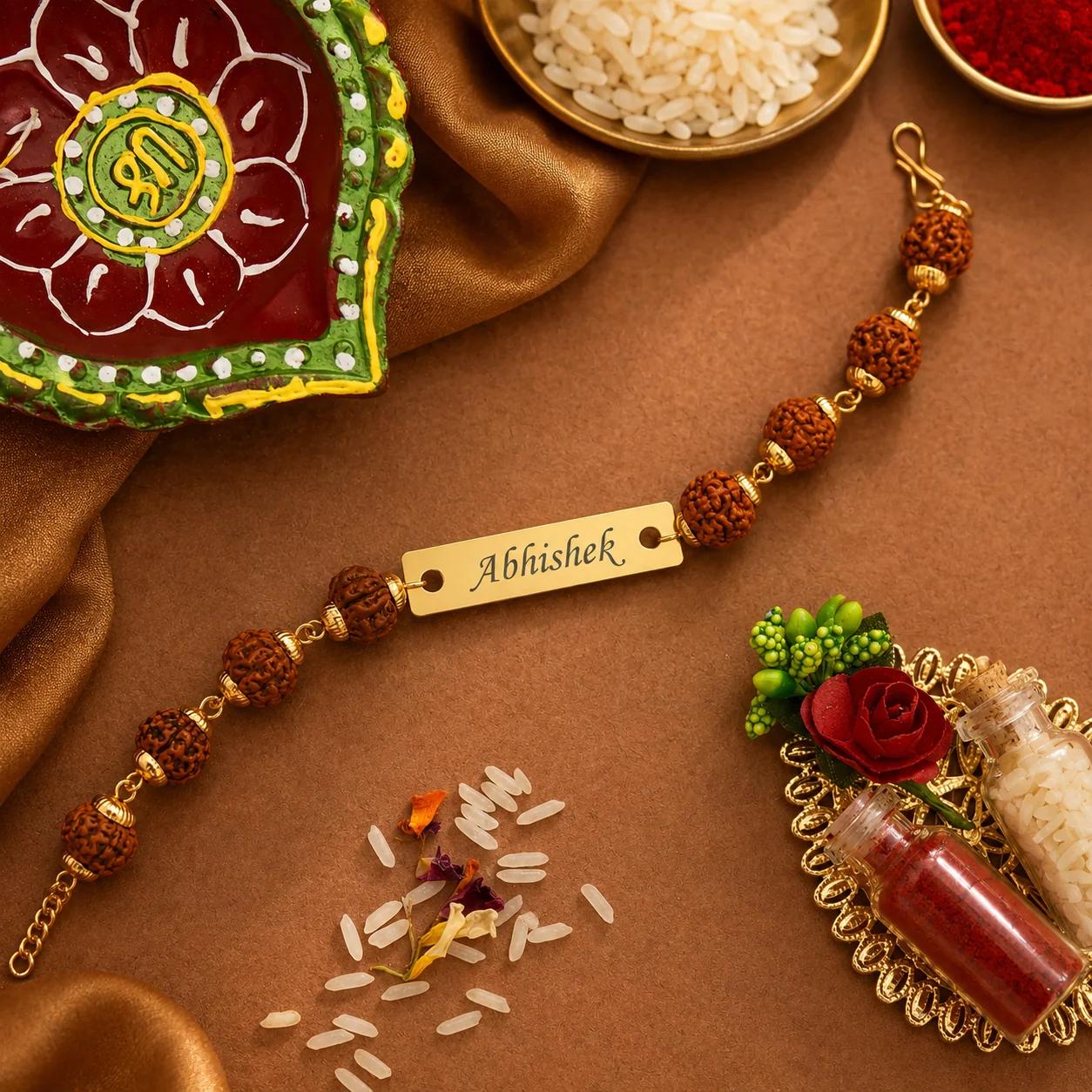 Personalized Premium Rudraksha Rakhi with Name for Brother