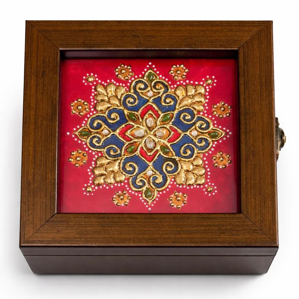 Handcrafted Tanjore Floral Mandala Jewelry Box (5x5 Inch) – Red Blue Gold Kundan Decorative Gift Box