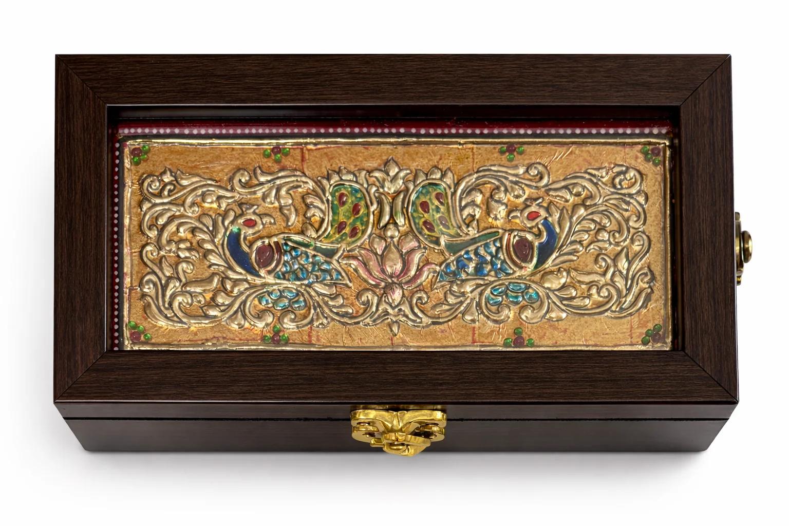 Handcrafted Tanjore Twin Peacock Jewelry Box (7.5x4 Inch) – Gold Foil Kundan Decorative Gift Box