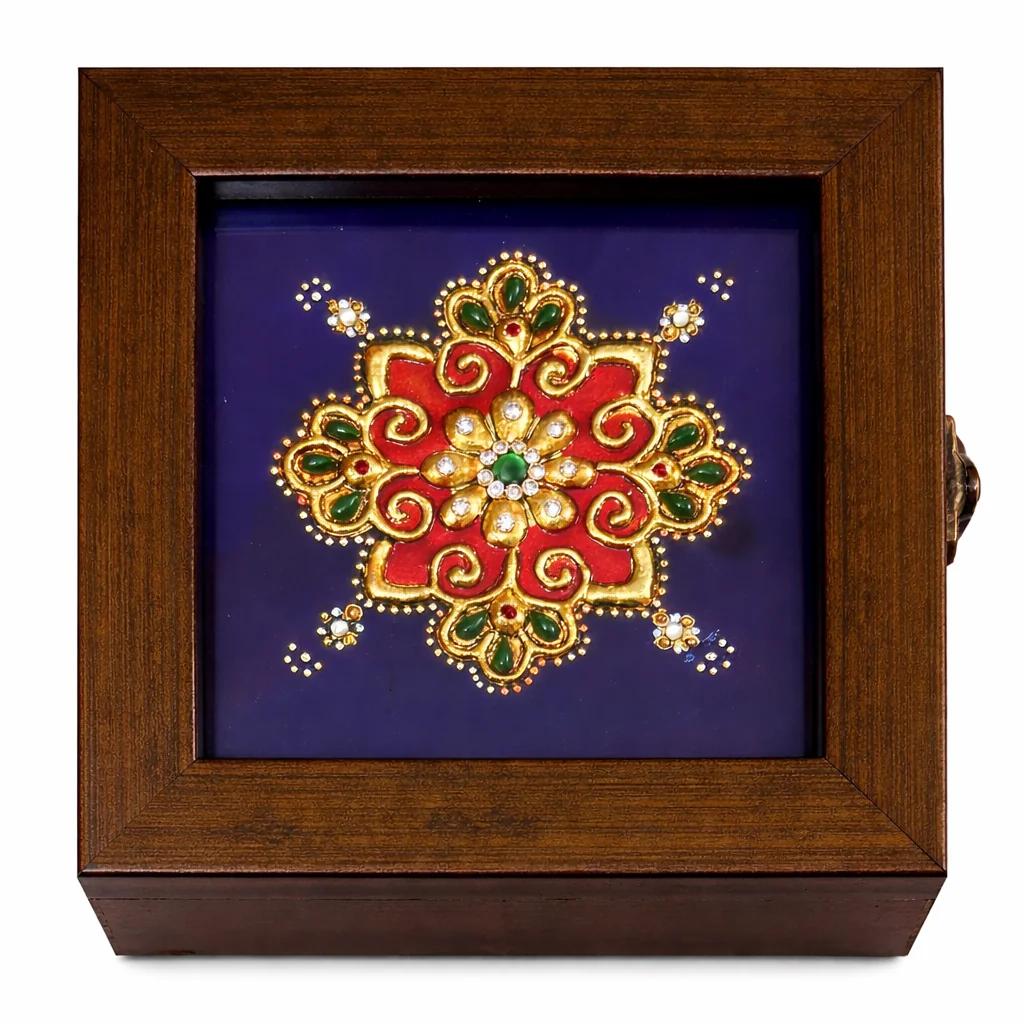 Handcrafted Tanjore Floral Mandala Jewelry Box (5x5 Inch) – Blue Red Gold Kundan Decorative Gift Box