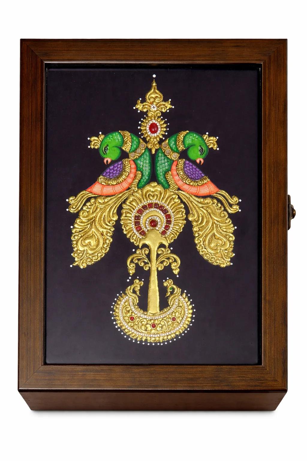 Handcrafted Tanjore Twin Peacock Jewelry Box (11x9 Inch) – Gold Foil Kundan Premium Decorative Gift Box