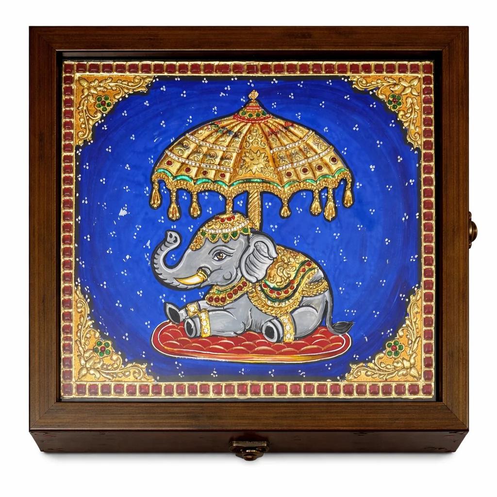 Handcrafted Tanjore Royal Elephant Jewelry Box (11x9 Inch) – Gold Foil Kundan Decorative Premium Gift Box