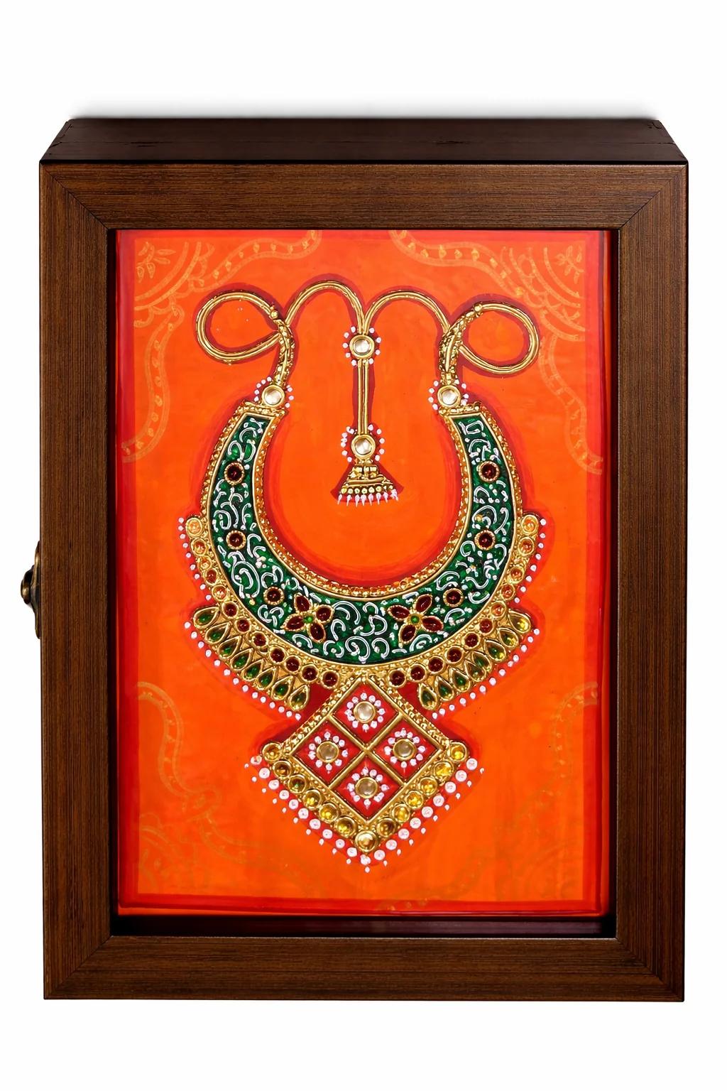 Handcrafted Tanjore Traditional Toran Jewelry Box (8.5x5 Inch) – Orange Gold Kundan Decorative Gift Box