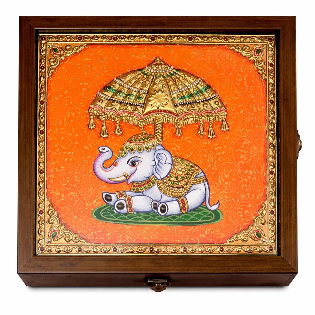 Handcrafted Tanjore Royal Elephant Jewelry Box (11x9 Inch) – Orange Gold Foil Kundan Decorative Gift Box