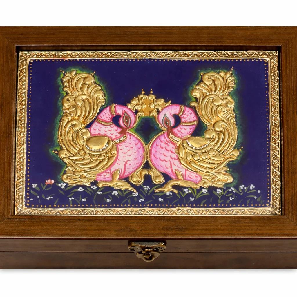 Handcrafted Tanjore Twin Peacock Jewelry Box (9x6 Inch) – Blue Pink Gold Kundan Decorative Gift Box