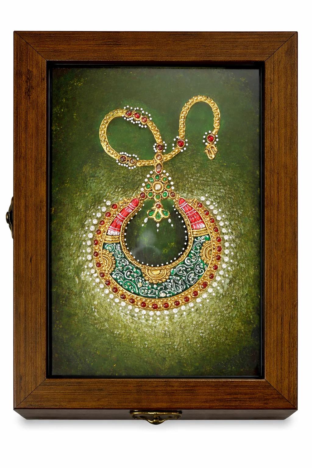 Handcrafted Tanjore Necklace Design Jewelry Box (9x6 Inch) – Green Gold Kundan Decorative Gift Box