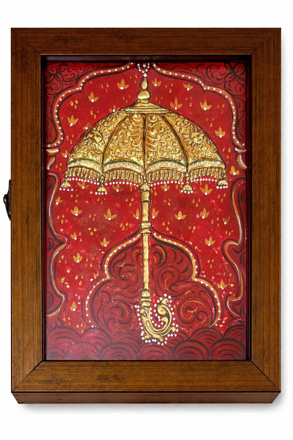Handcrafted Tanjore Royal Umbrella Jewelry Box (8.5x5 Inch) – Red Gold Foil Kundan Decorative Gift Box