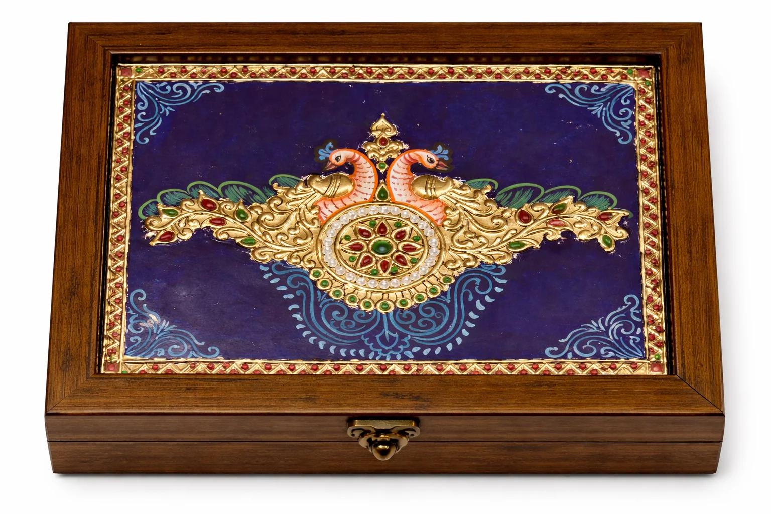Handcrafted Tanjore Twin Peacock Jewelry Box (9x7 Inch) – Blue Gold Foil Kundan Decorative Gift Box