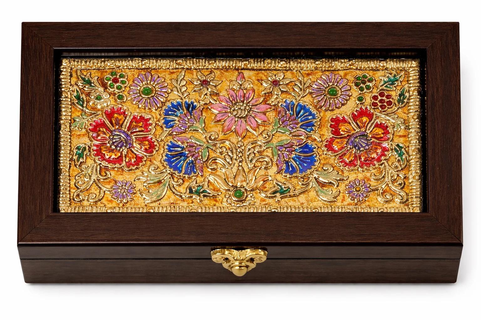 Handcrafted Tanjore Floral Jewelry Box (8.5x5 Inch) – Gold Multicolor Kundan Decorative Gift Box