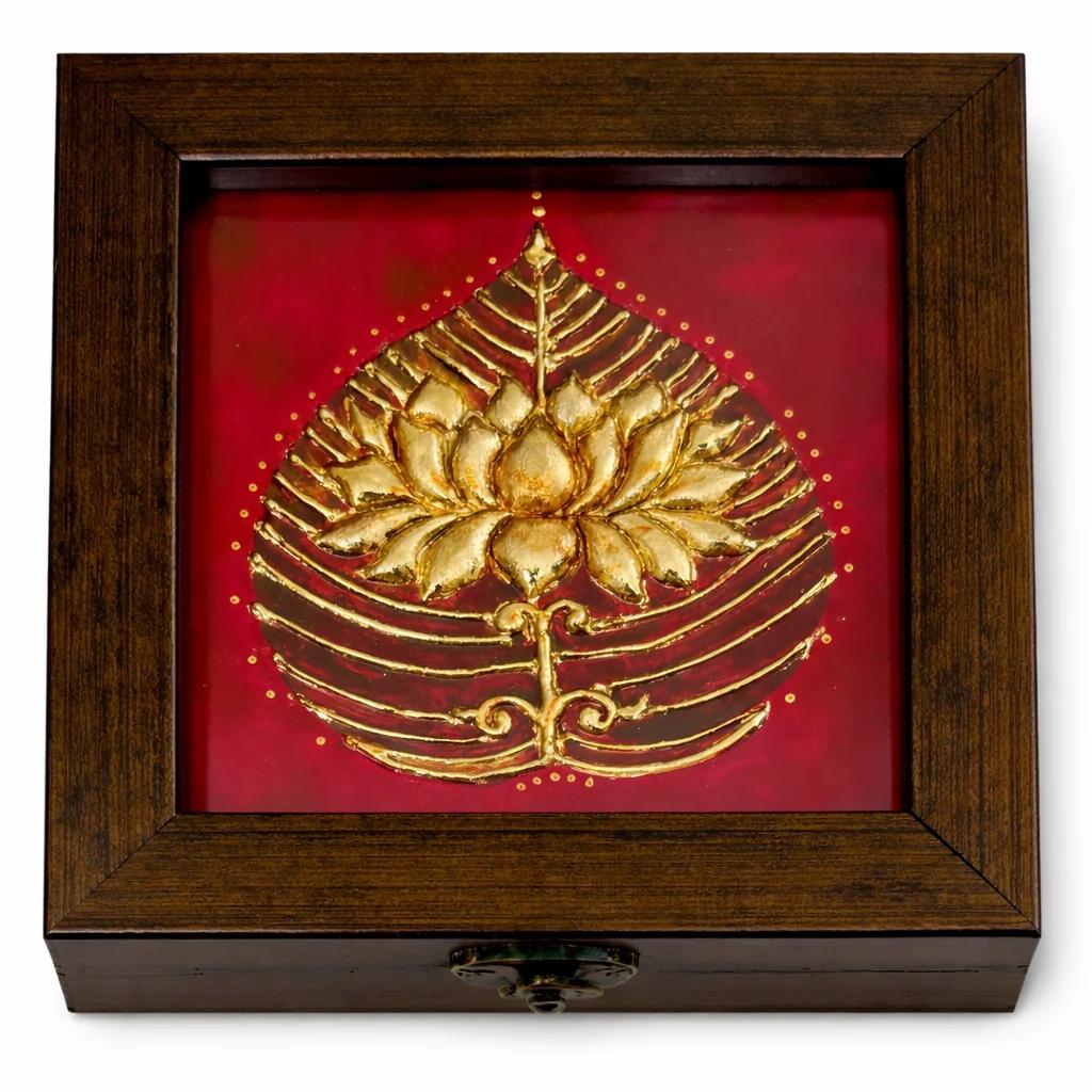 Handcrafted Tanjore Lotus Jewelry Box (5x5 Inch) – Red Gold Foil Decorative Gift Box