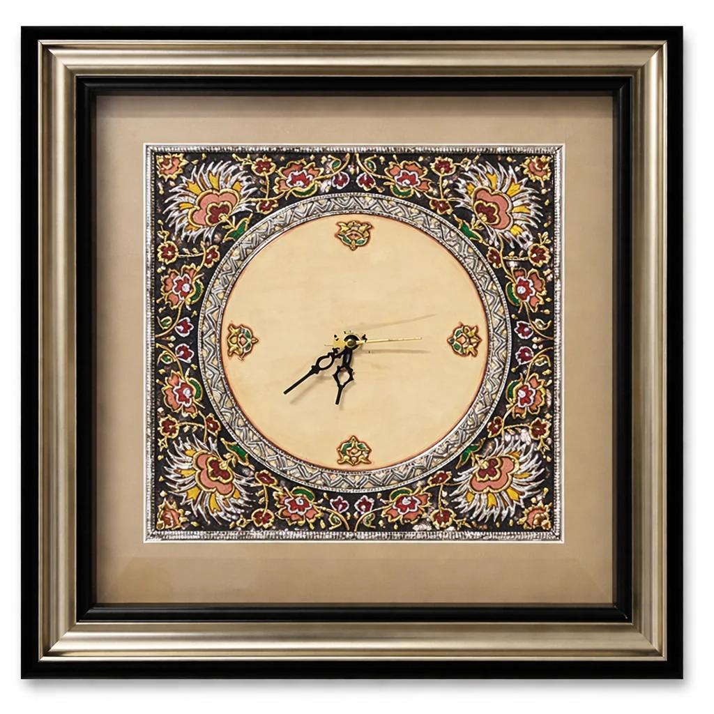 Handcrafted Tanjore Floral Wall Clock (15x15 Inch) – Beige Dial Traditional Decorative Frame Clock