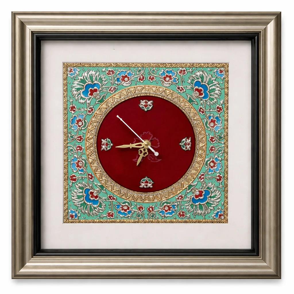 Handcrafted Tanjore Floral Wall Clock (15x15 Inch) – Red Dial with Turquoise Gold Decorative Frame Clock