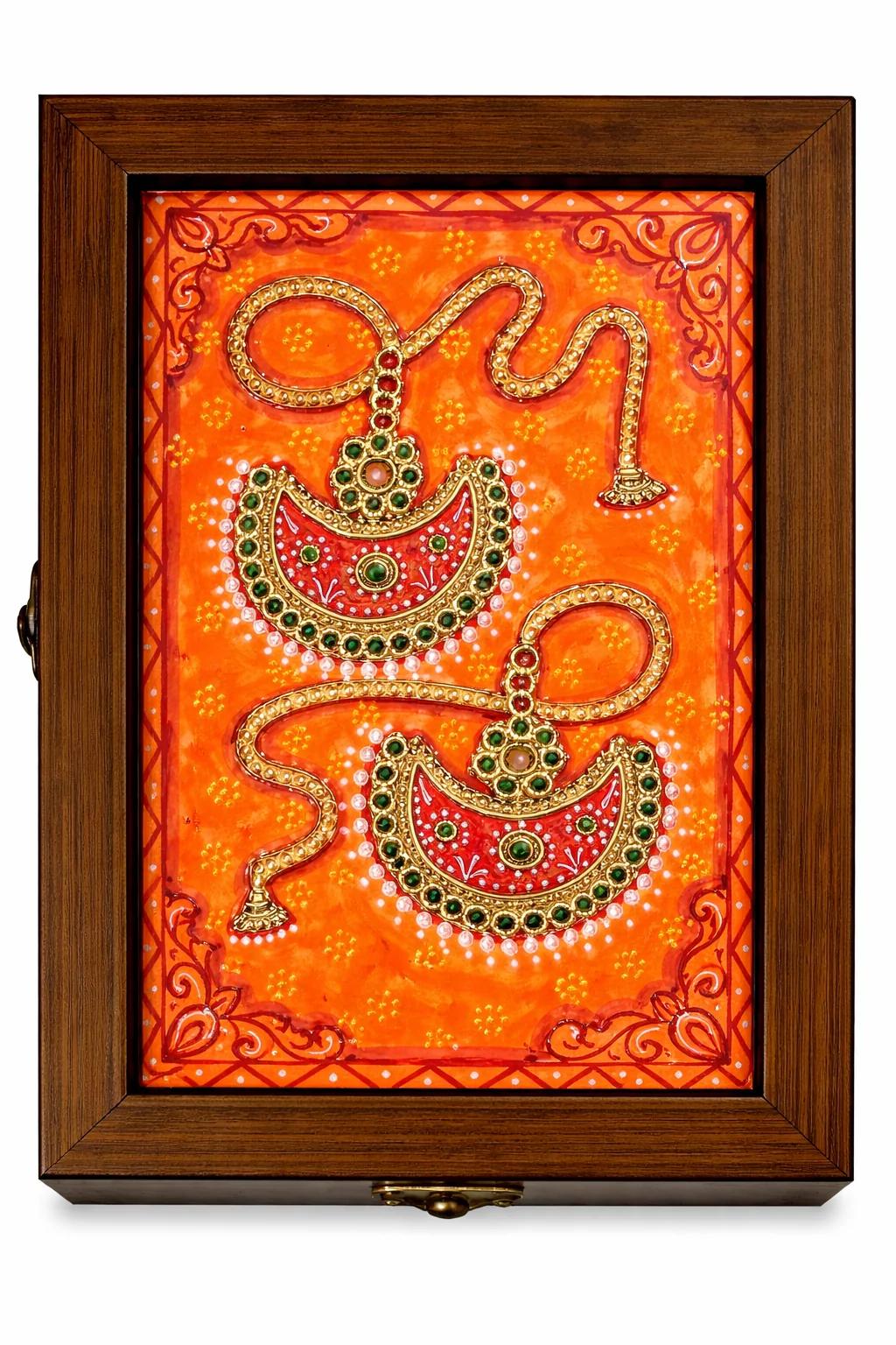 Handcrafted Tanjore Jhumka Jewelry Box (9x6 Inch) – Orange Gold Kundan Decorative Gift Box