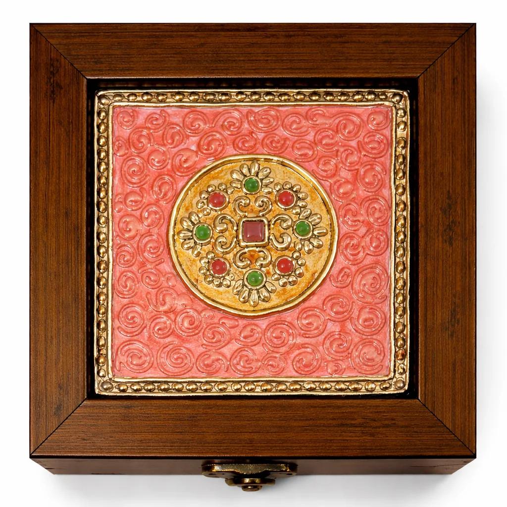 Handcrafted Tanjore Kundan Medallion Jewelry Box (5x5 Inch) – Pink Gold Foil Decorative Gift Box