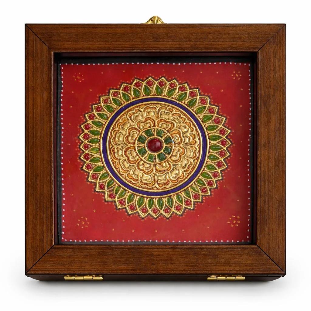 Handcrafted Tanjore Mandala Art Box (6x6 Inch) – Gold Foil Kundan Decorative Jewelry & Gift Box