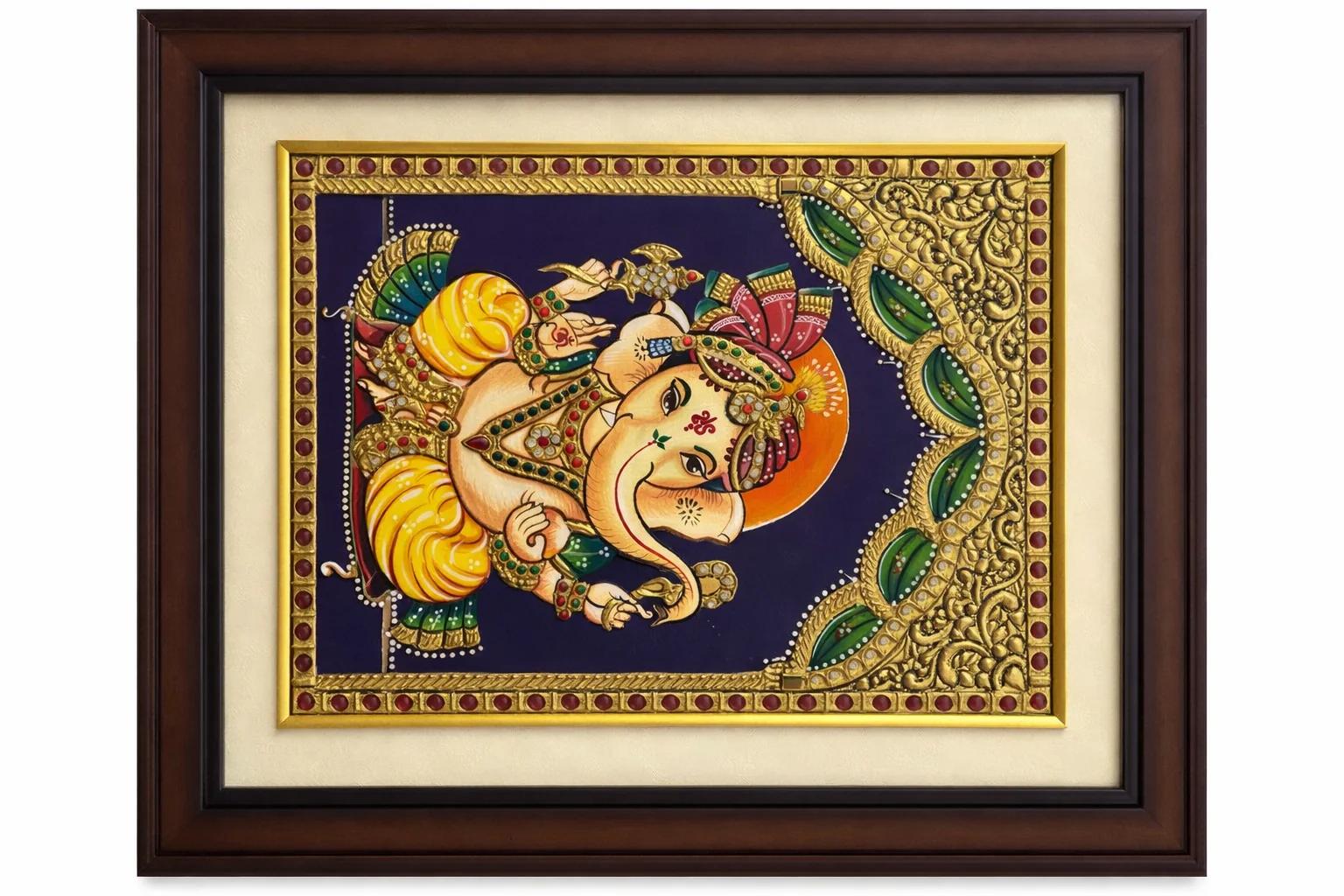 Handcrafted Tanjore Lord Ganesha Wall Frame (12x14 Inch) – Gold Foil Kundan Religious Art Decor