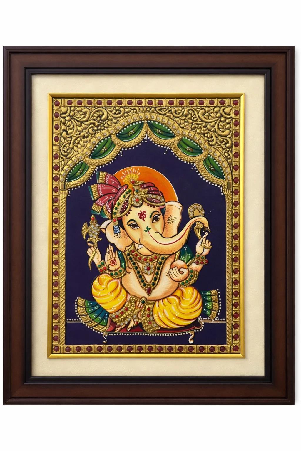 Handcrafted Tanjore Lord Ganesha Wall Frame (12x14 Inch) – Gold Foil Kundan Religious Art Decor