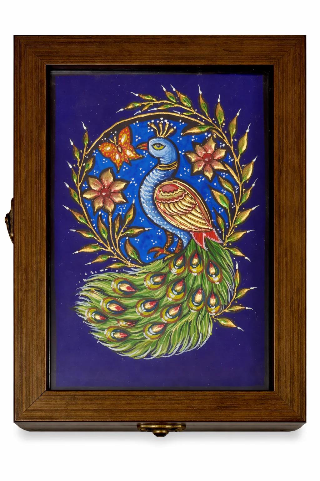 Handcrafted Tanjore Peacock Jewelry Box (9x6 Inch) – Blue Gold Foil Kundan Decorative Gift Box