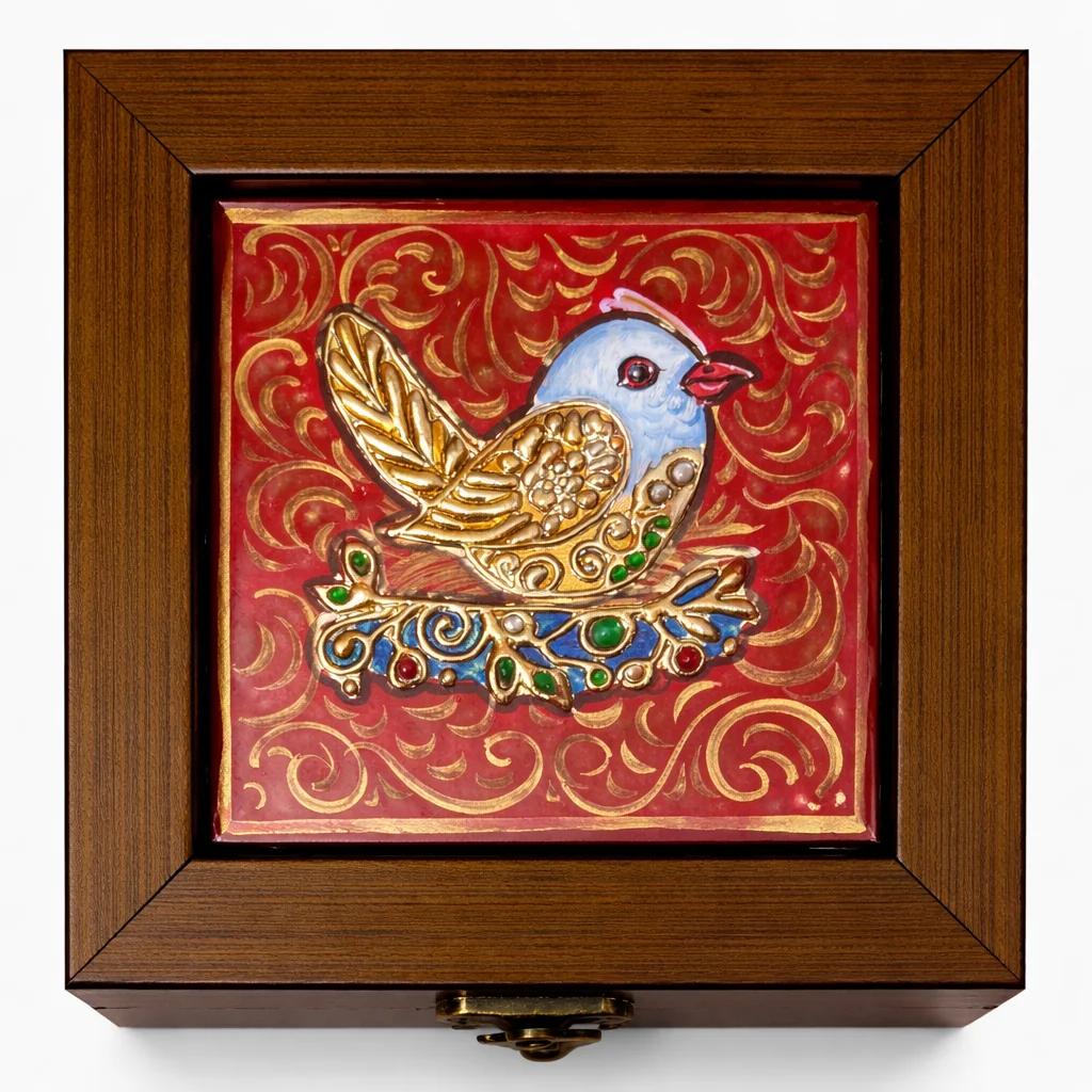 Handcrafted Tanjore Golden Bird Jewelry Box (5x5 Inch) – Red Gold Foil Kundan Decorative Gift Box